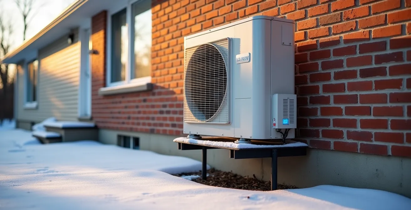 Unité extérieure de climatiseur installée sur support surélevé résistant à la neige québécoise