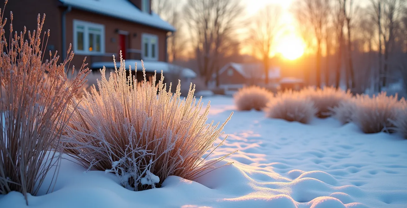 Jardin hivernal québécois avec graminées ornementales couvertes de givre et arbustes à écorce rouge