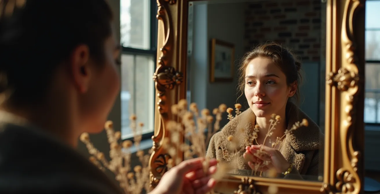 Miroir ancien au cadre doré capturant la lumière naturelle dans un intérieur québécois