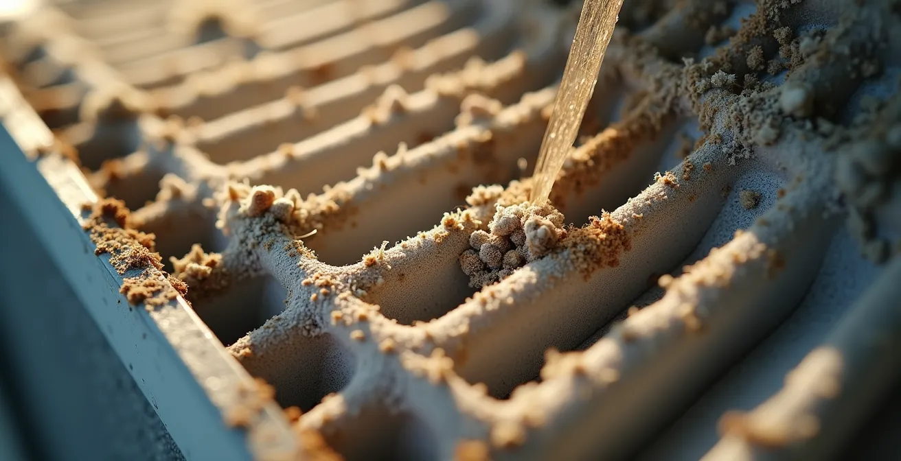 Gros plan sur le nettoyage d'un filtre de climatiseur mural encrassé