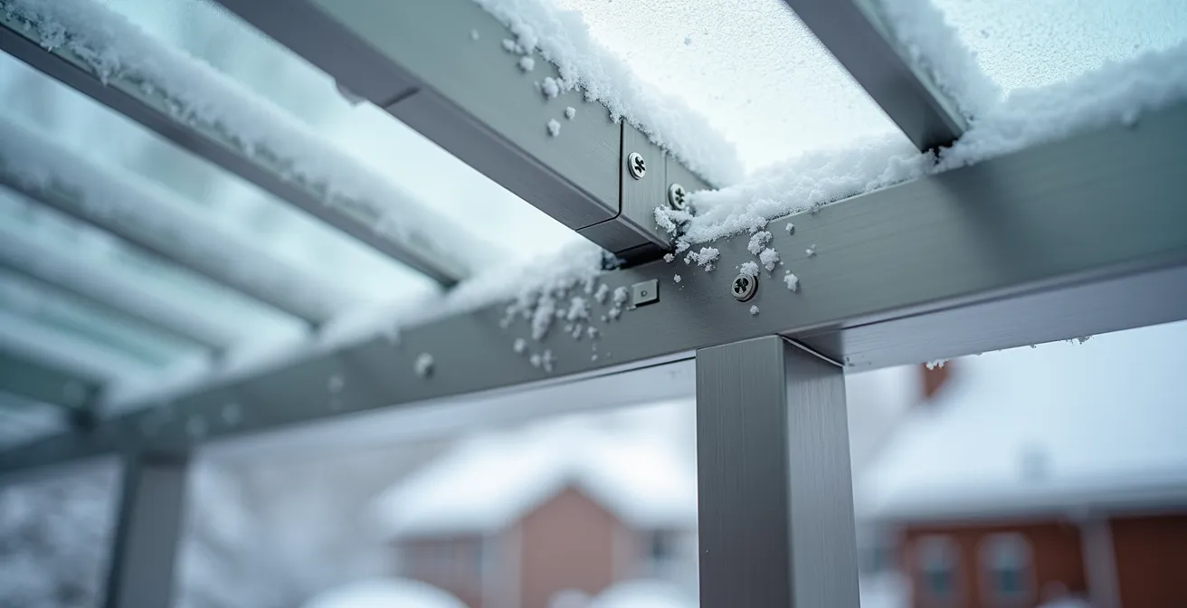 Pergola robuste avec toit en polycarbonate sous légère couche de neige
