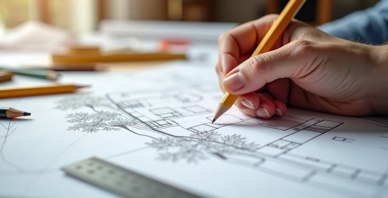 Main dessinant un plan d'aménagement paysager sur papier quadrillé avec règle et crayons