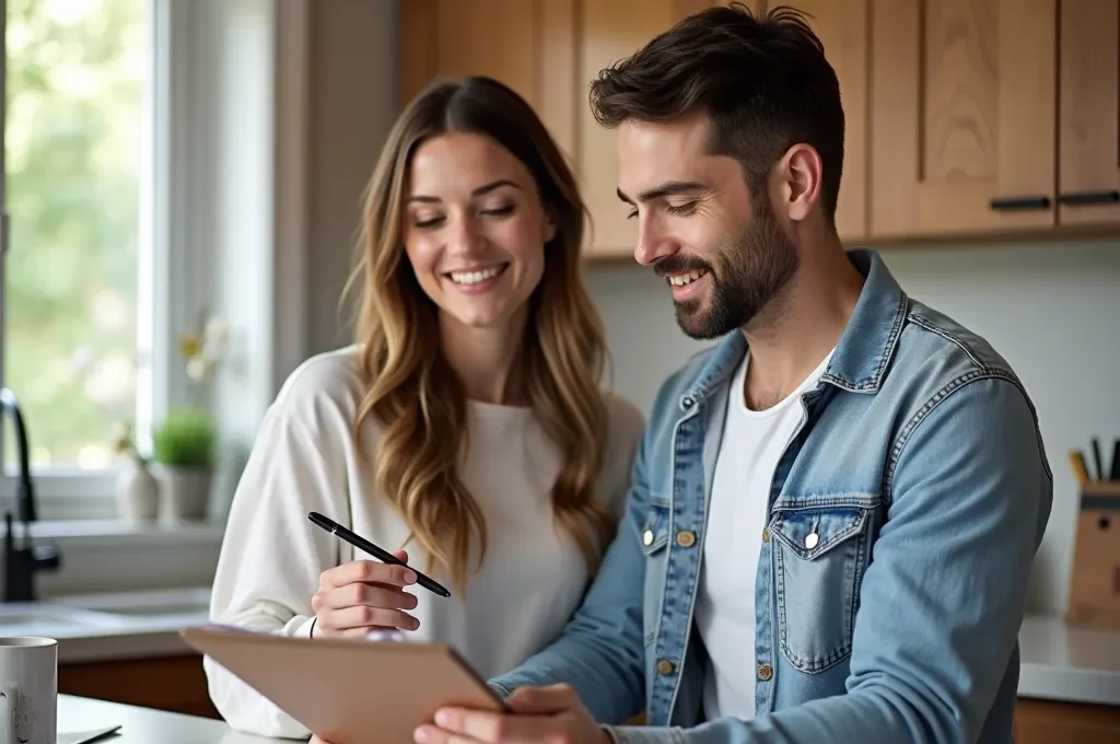 Propriétaire et entrepreneur révisant ensemble une liste de vérification détaillée sur un chantier de rénovation