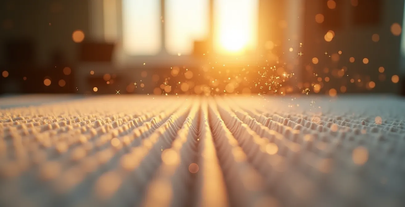 Gros plan sur un filtre HEPA avec particules de pollen visibles dans la lumière