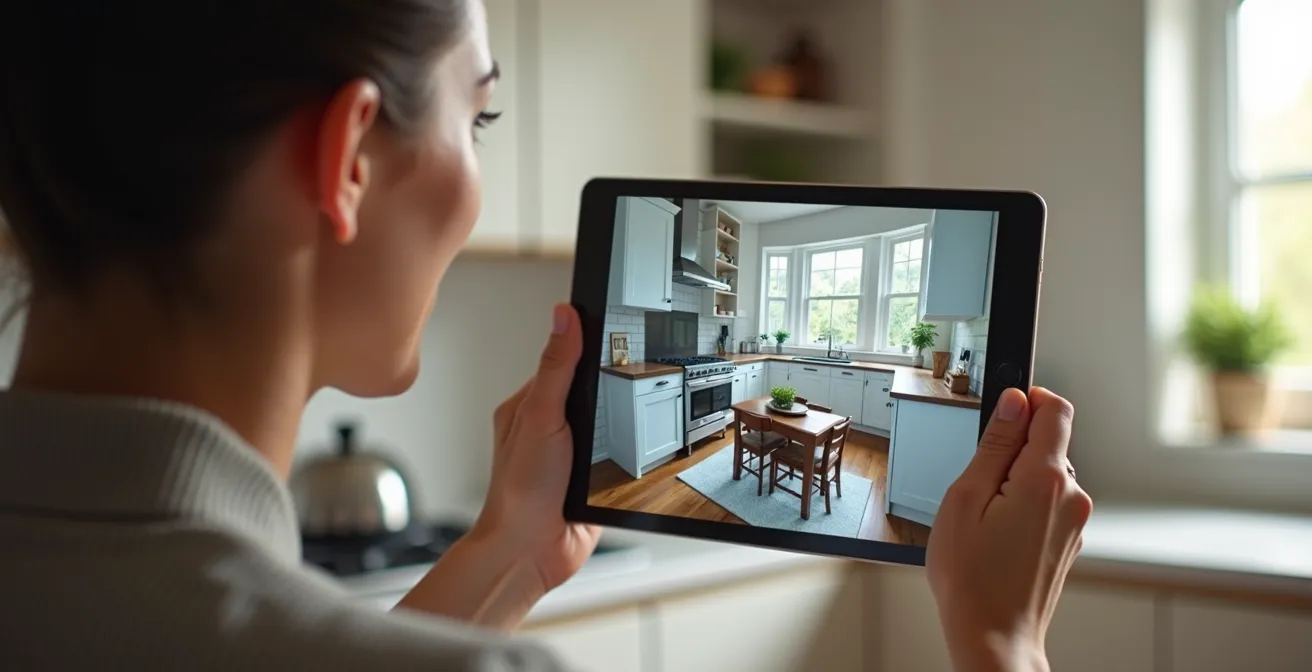 Personne utilisant une tablette pour visualiser des armoires de cuisine virtuelles dans son espace réel