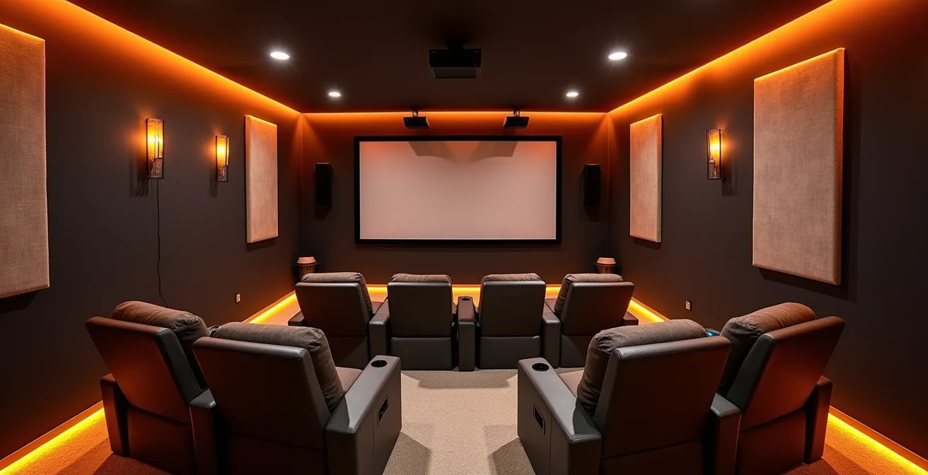 Sous-sol aménagé en salle de cinéma avec éclairage tamisé et fauteuils confortables