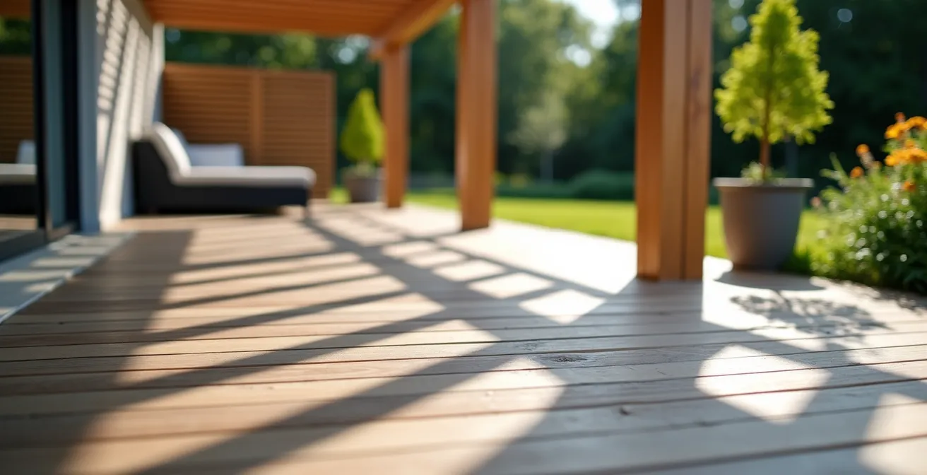 Pergola moderne sur terrasse avec jeu d'ombres et lumière filtrée