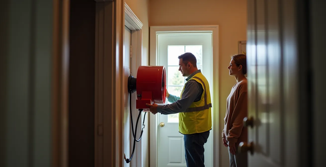 Installation d'un test d'infiltrométrie avec ventilateur de porte dans une maison québécoise