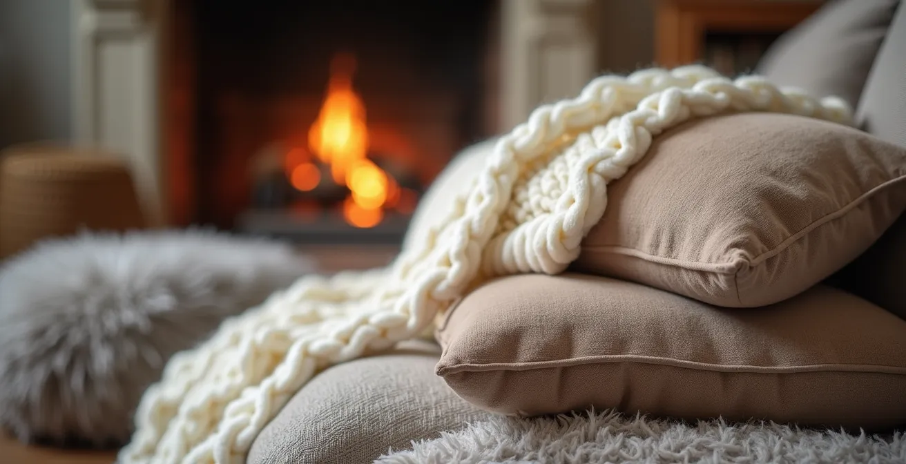 Arrangement de textiles douillets dans un salon québécois avec jetés en laine et coussins texturés