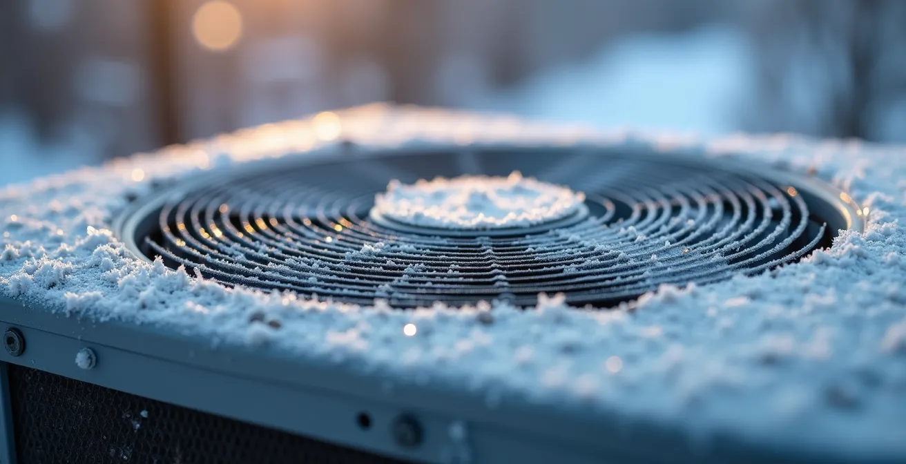 Unité extérieure de thermopompe installée sur le côté d'une maison québécoise en hiver