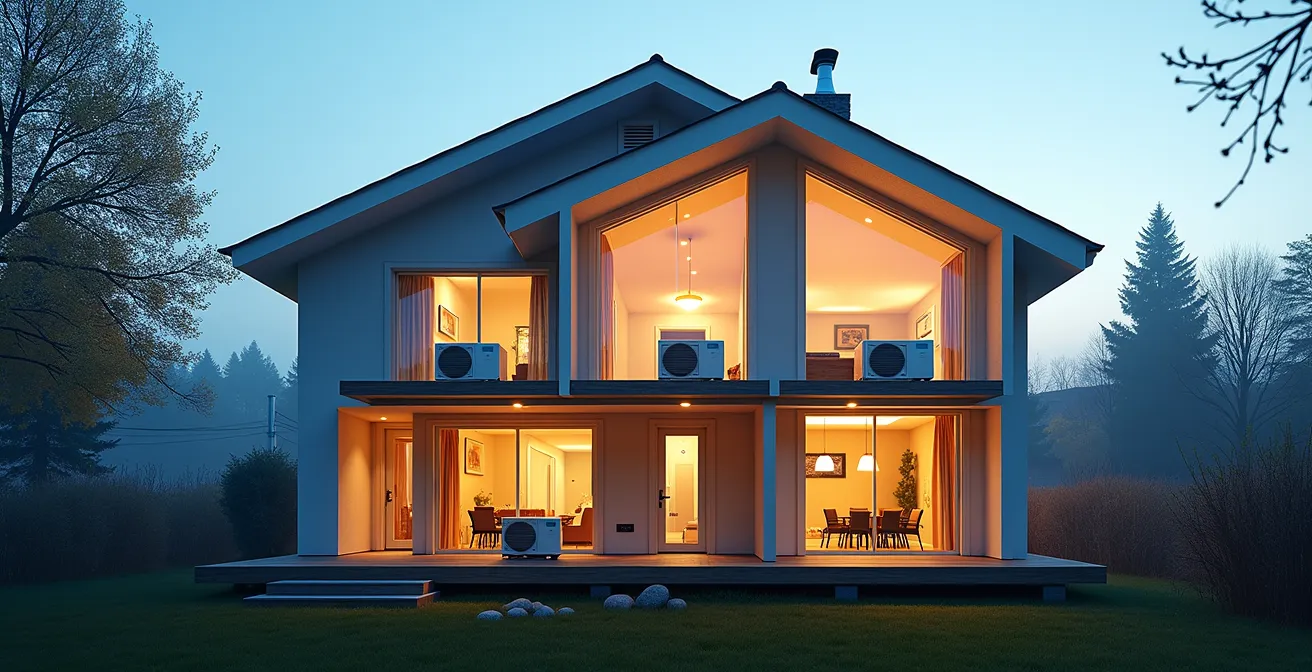 Installation d'une thermopompe multizone dans une maison québécoise à étages montrant la répartition optimale des unités