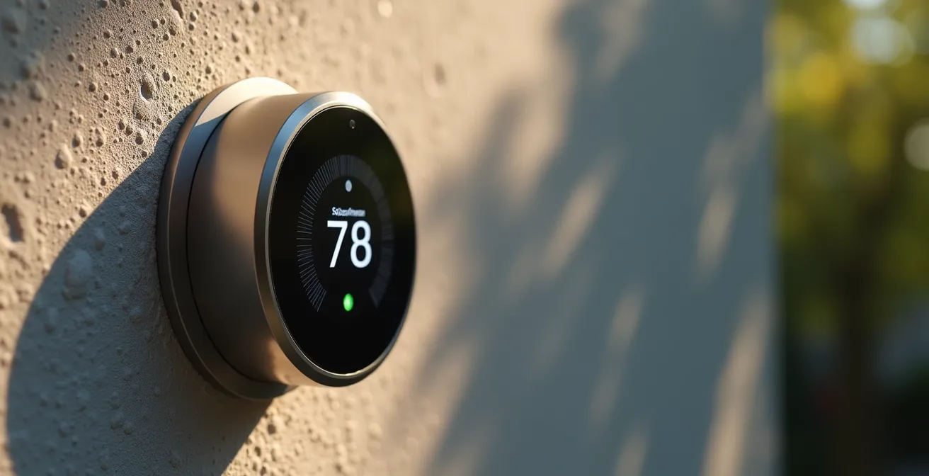 Gros plan sur un thermostat intelligent moderne installé sur un mur avec textures naturelles