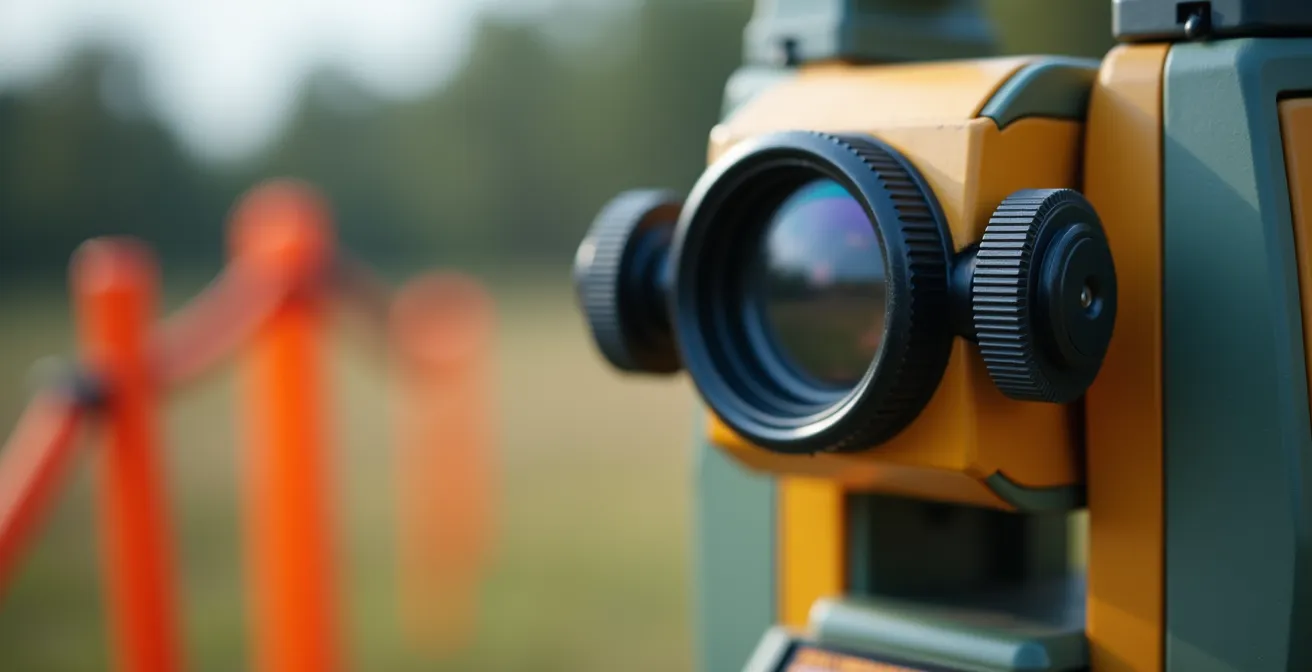 Arpenteur-géomètre utilisant un théodolite pour le bornage d'un terrain résidentiel avec piquets de délimitation