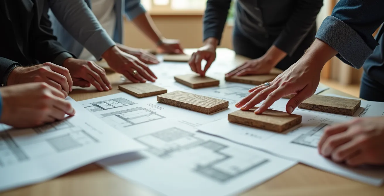 Réunion du comité consultatif d'urbanisme examinant des échantillons de matériaux et des plans architecturaux