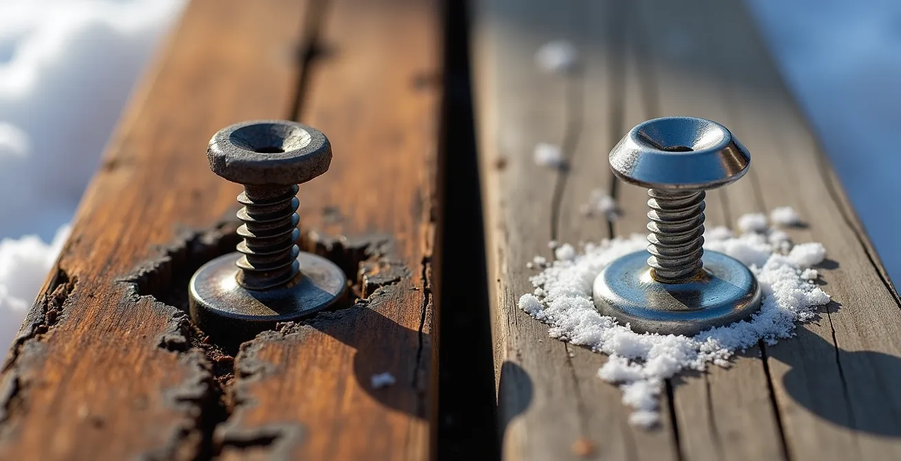 Comparaison visuelle entre vis rouillée et vis inoxydable dans du bois traité après exposition hivernale
