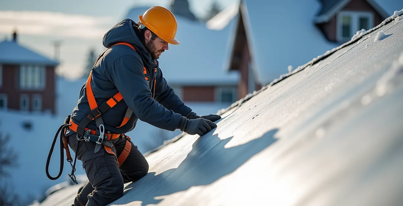 Couvreur professionnel installant une membrane d'étanchéité sur un toit enneigé avec équipement de sécurité