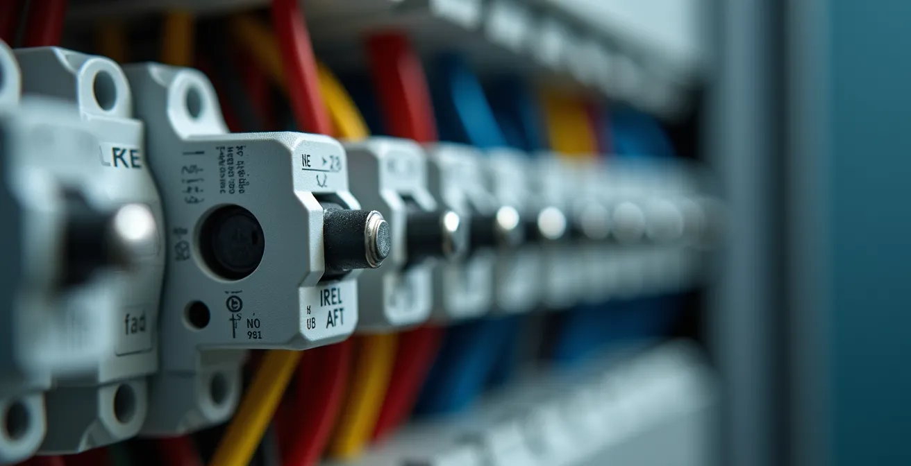 Gros plan sur un disjoncteur AFCI dans un panneau électrique moderne
