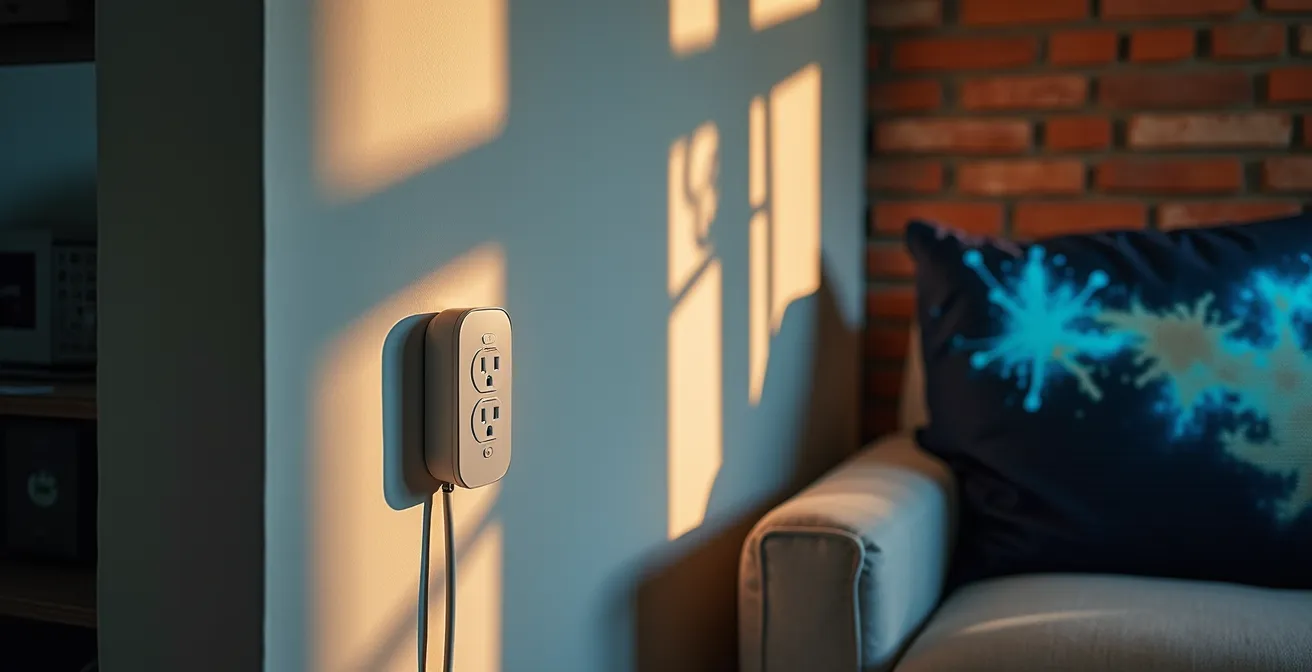 Intérieur moderne avec thermostats intelligents et prises connectées intégrés dans l'écosystème domotique