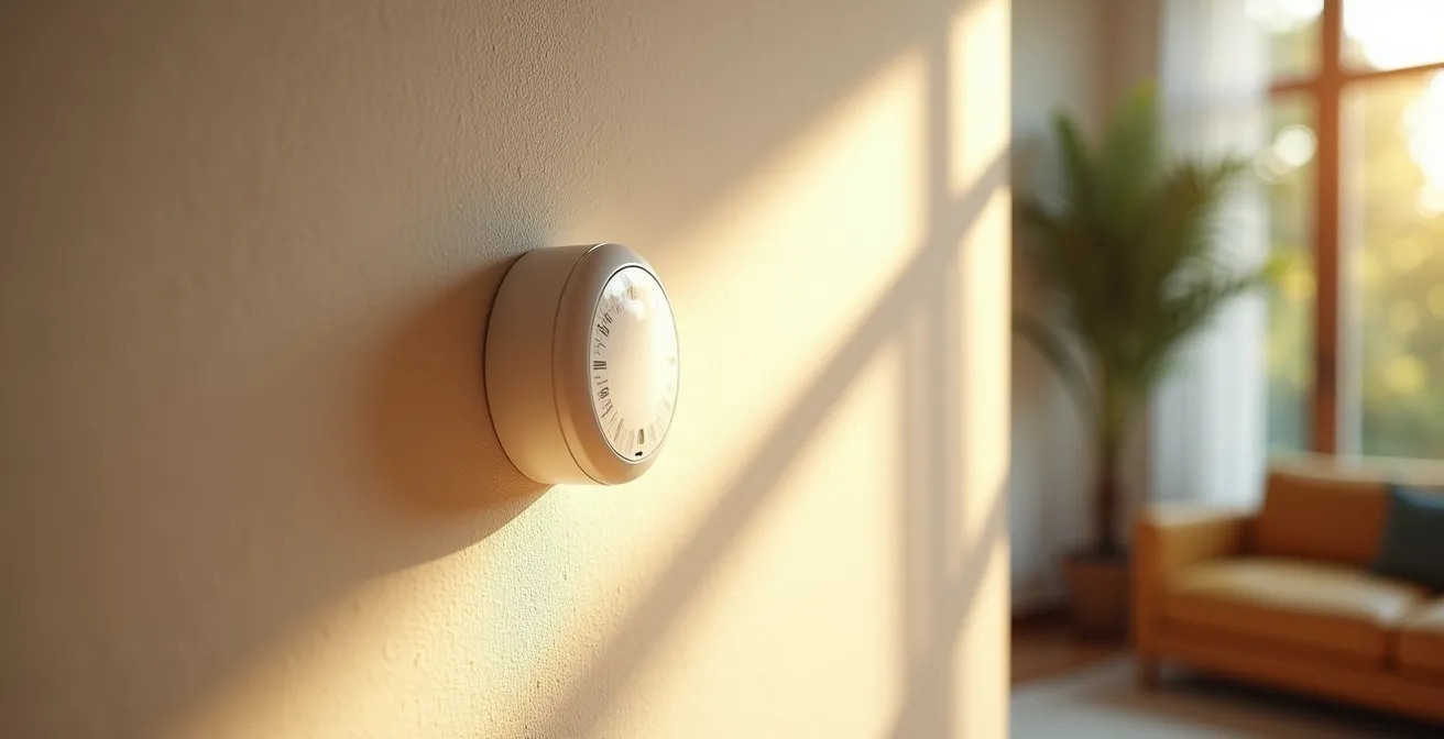 Vue en coupe d'une maison montrant les zones optimales pour l'installation d'un thermostat