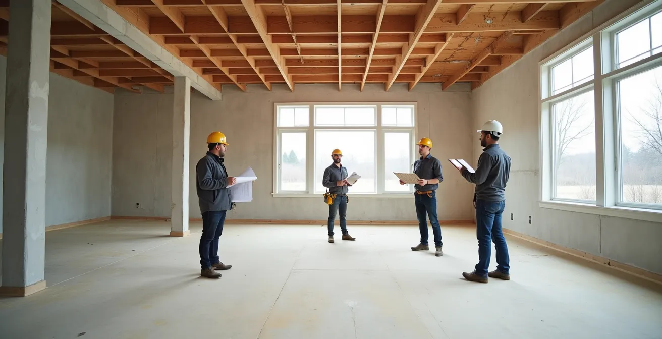 Réunion de coordination entre architecte, designer et entrepreneur général sur un chantier de rénovation résidentielle
