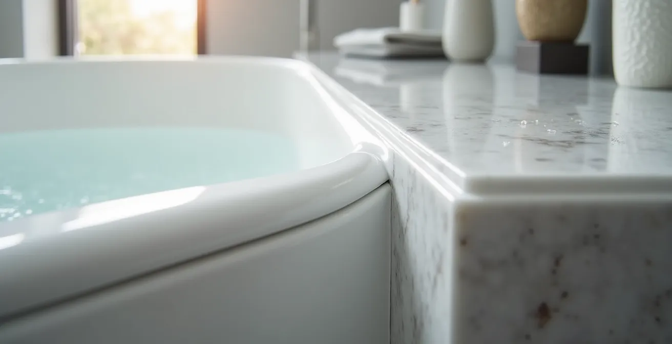 Détail d'un joint de silicone parfaitement exécuté autour d'une baignoire moderne