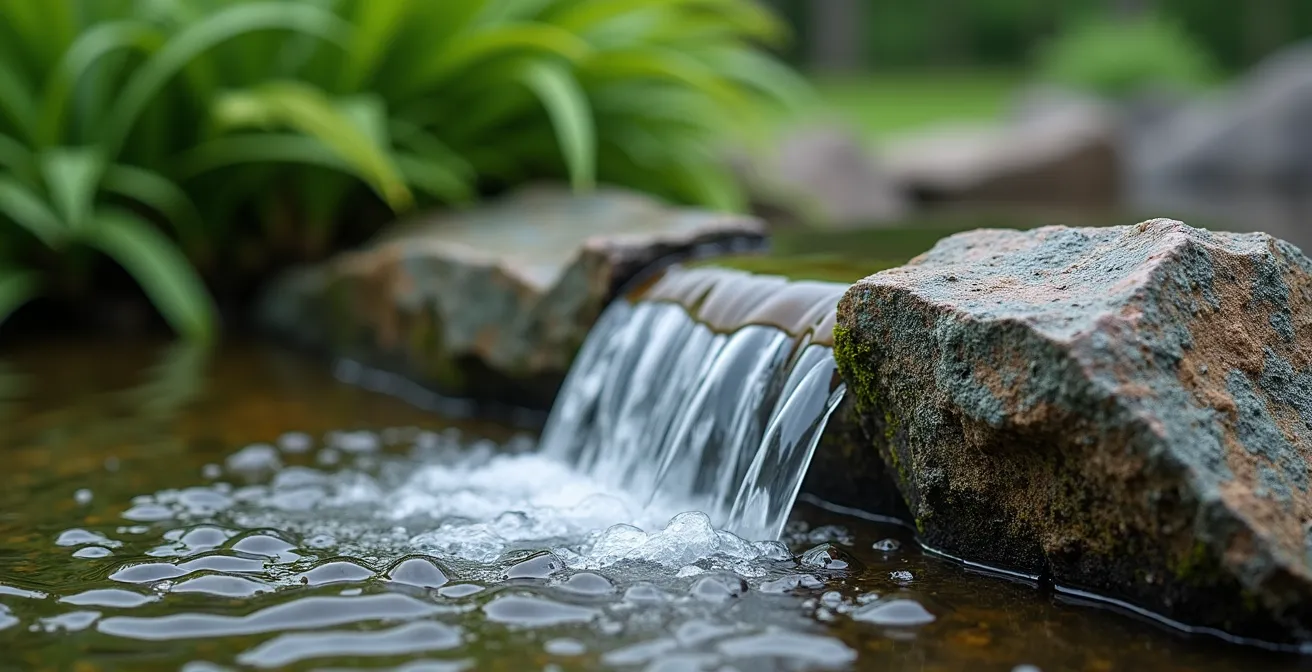 Fontaine en granite du Bouclier canadien intégrée dans un petit jardin urbain québécois