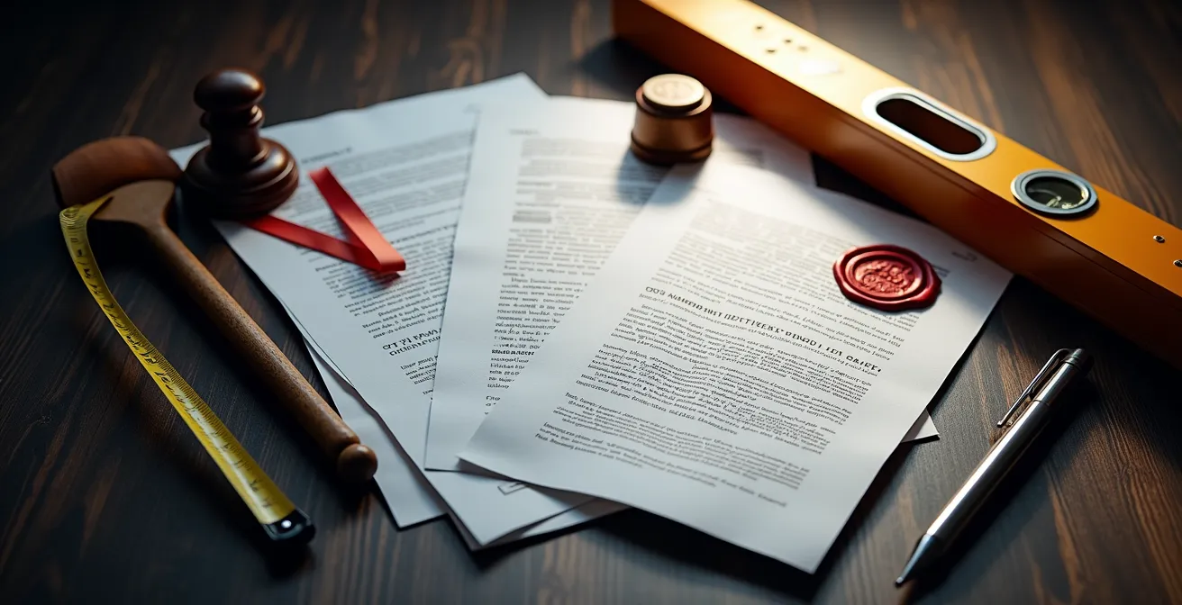 Documents de garantie légale et contrat de construction posés sur une table de travail