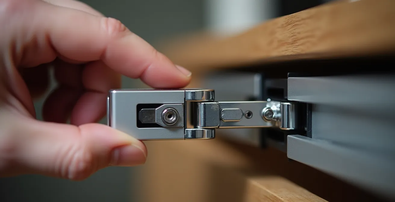 Gros plan sur le mécanisme de fermeture douce d'un tiroir de cuisine en cours de test