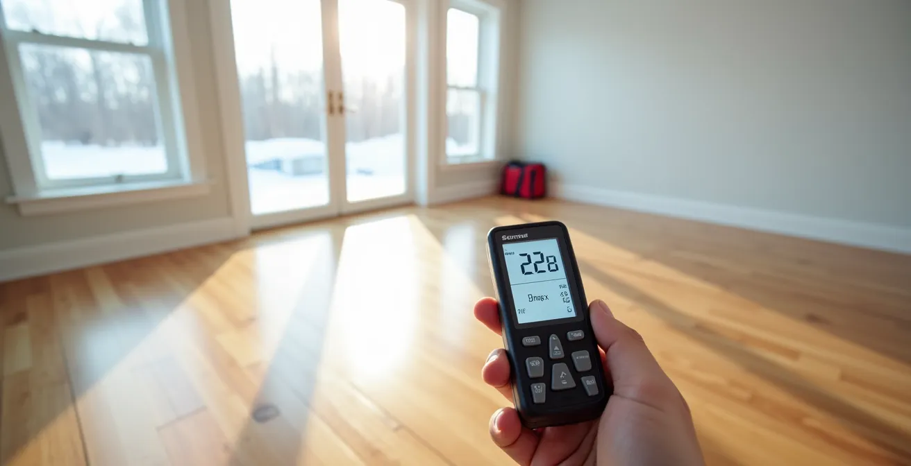 Mesure du taux d'humidité d'un plancher de bois franc avec un hygromètre professionnel