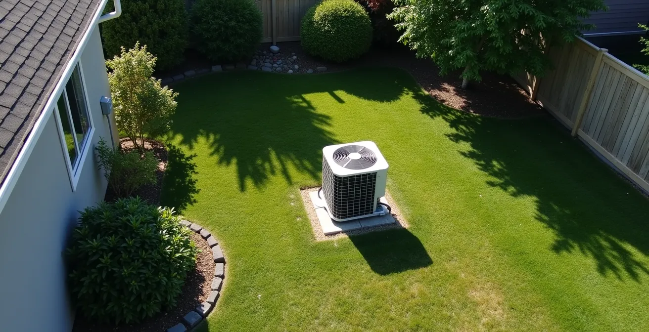 Vue aérienne d'une cour arrière montrant l'emplacement réglementaire d'une thermopompe avec distances de recul