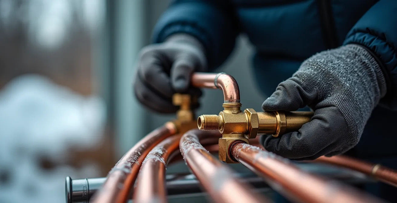 Unité extérieure de thermopompe installée sur support mural en hiver québécois avec protection contre la neige