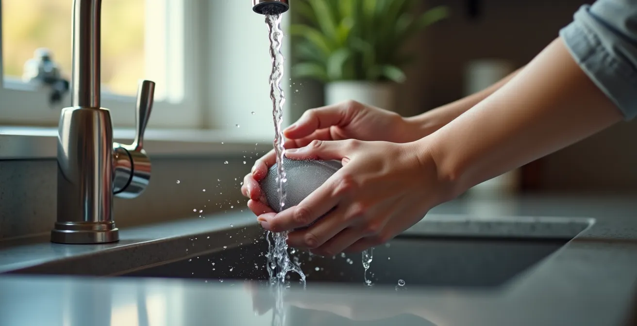 Mains nettoyant délicatement le filtre d'un climatiseur mural avec de l'eau tiède dans un évier