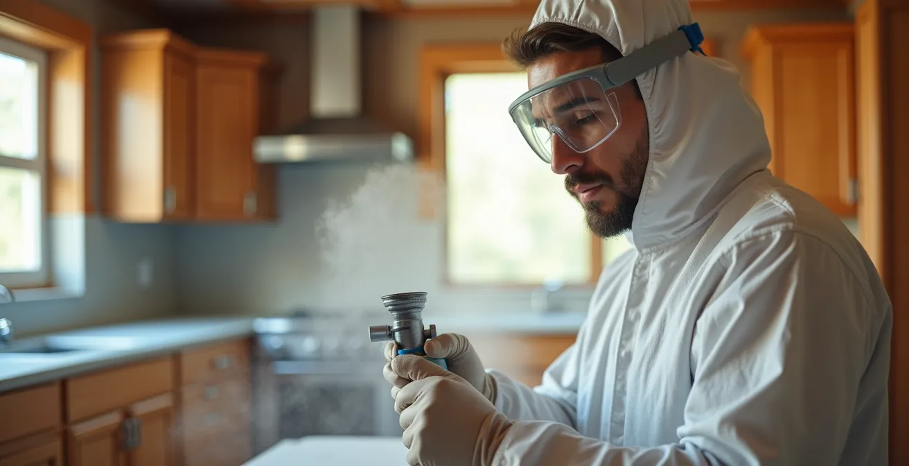Peintre professionnel utilisant un pulvérisateur dans une cuisine en rénovation