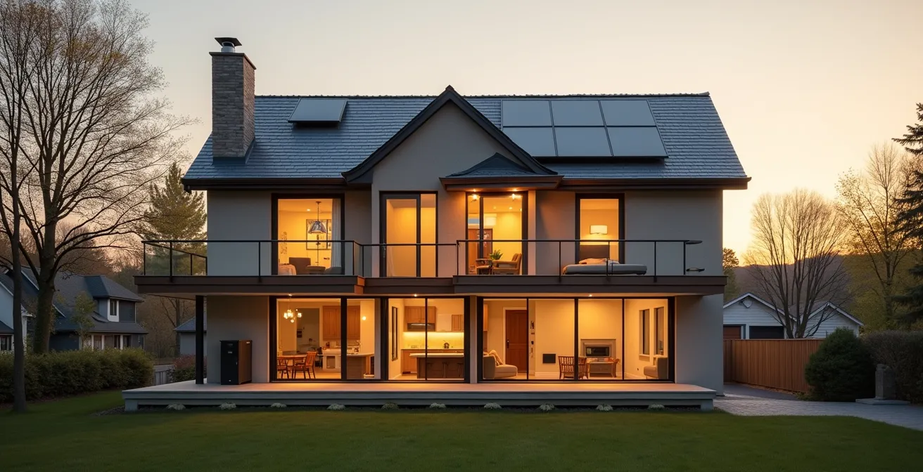 Vue d'ensemble d'une maison québécoise moderne avec différentes zones d'amélioration énergétique mises en évidence