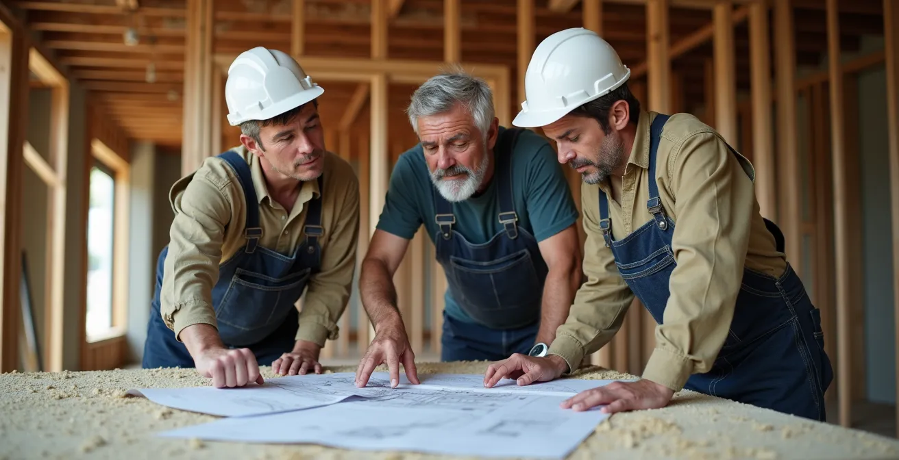 Réunion de coordination entre propriétaires et entrepreneur sur un chantier de rénovation