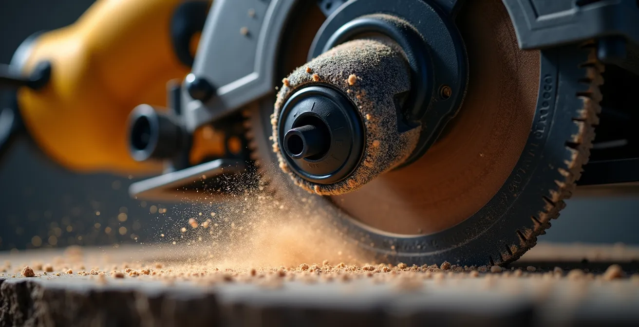 Gros plan sur système d'extraction de poussière connecté à une scie circulaire professionnelle