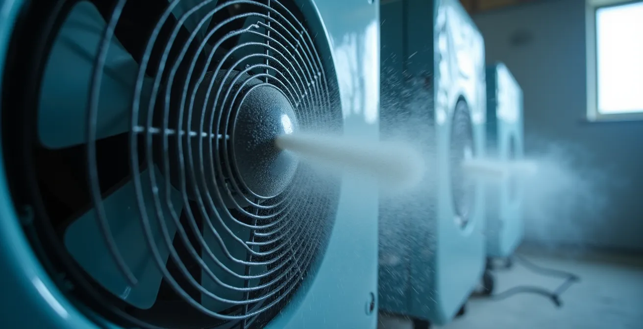 Système de ventilation avec filtre HEPA créant une pression négative dans une zone de rénovation