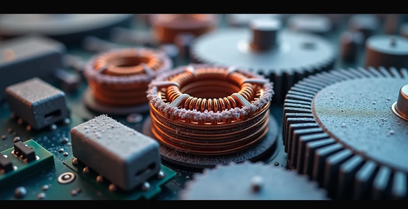 Vue macro détaillée des composants d'un compresseur inverter de thermopompe