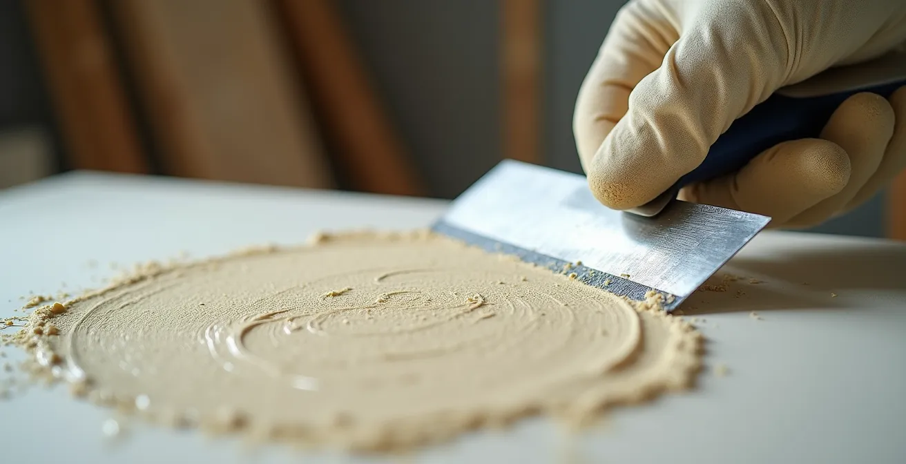 Professionnel appliquant du composé à joints sur un mur avec éclairage rasant révélant la texture