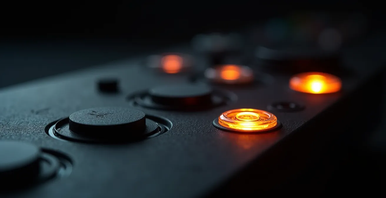 Gros plan sur des appareils électroniques en veille avec indicateurs lumineux dans l'obscurité