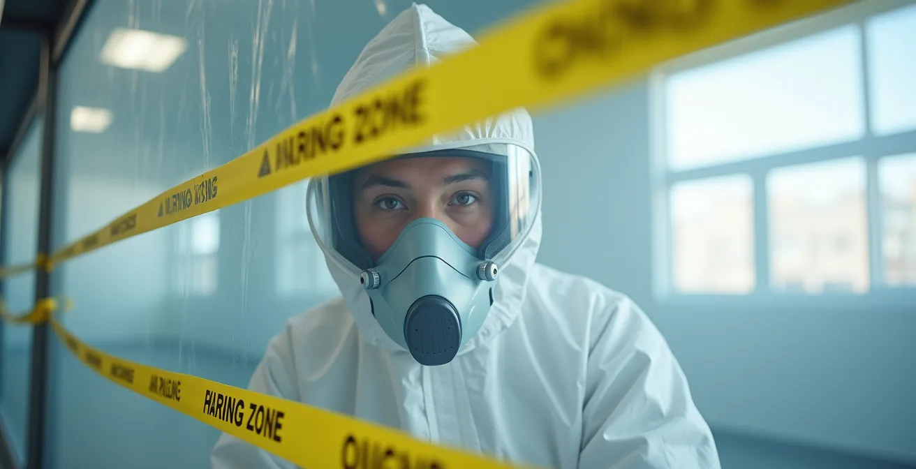 Zone de confinement professionnelle pour désamiantage avec équipements de sécurité