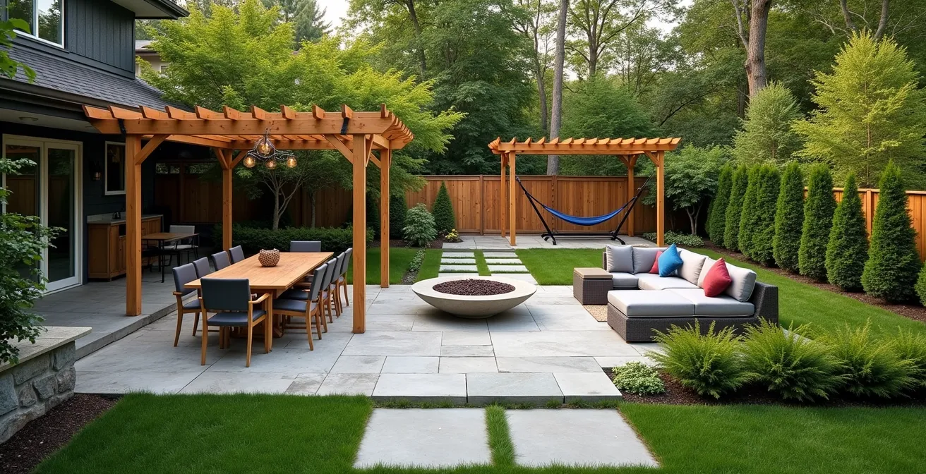 Vue aérienne d'un jardin québécois divisé en zones fonctionnelles distinctes avec sentiers en ardoise