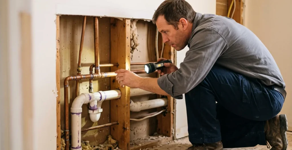 Plumber inspecting existing copper and PVC plumbing connections through an opened wall Plumber inspecting existing copper and PVC plumbing connections through an opened wall