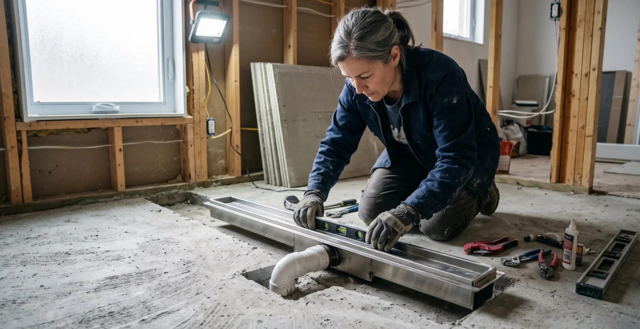 Professional plumber installing a linear drain system for a walk-in shower on a concrete bathroom floor in Quebec