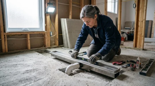 Professional plumber installing a linear drain system for a walk-in shower on a concrete bathroom floor in Quebec