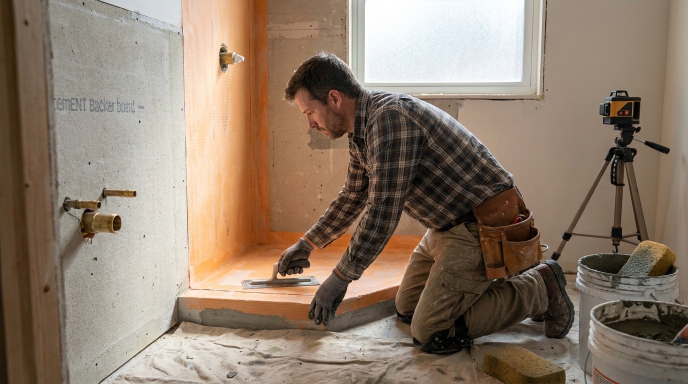Installer applying blue waterproofing membrane to shower walls with a roller Installer applying blue waterproofing membrane to shower walls with a roller